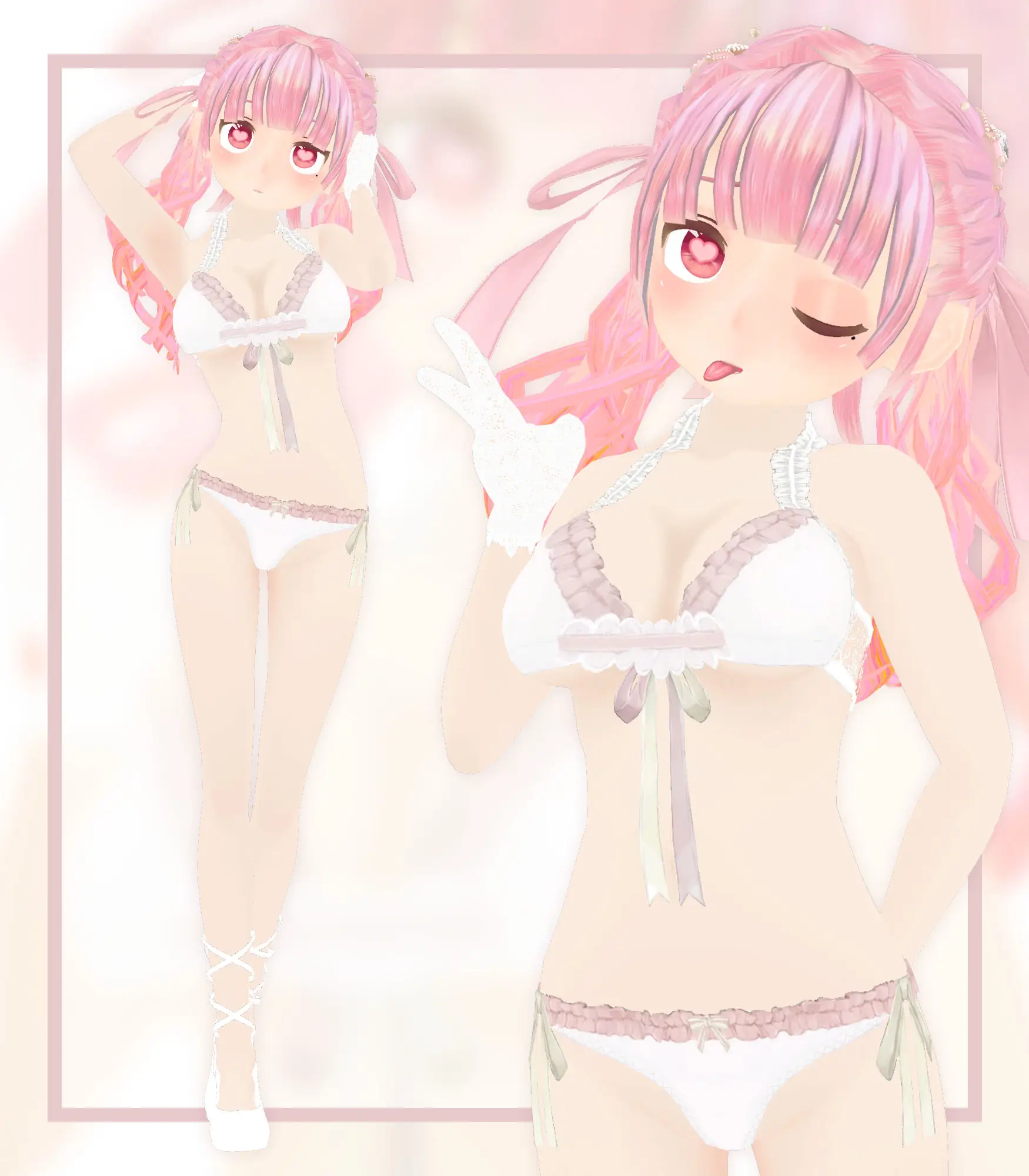 白レース×ピンクフリル